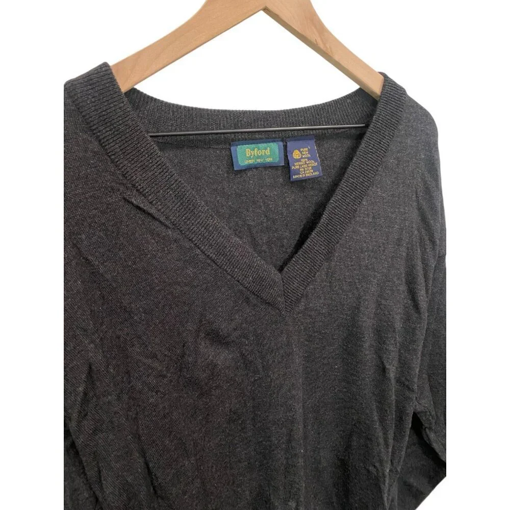 Vintage Byford 100% Merino Wool Gray V Neck Cardigan Sweater Size L England Made